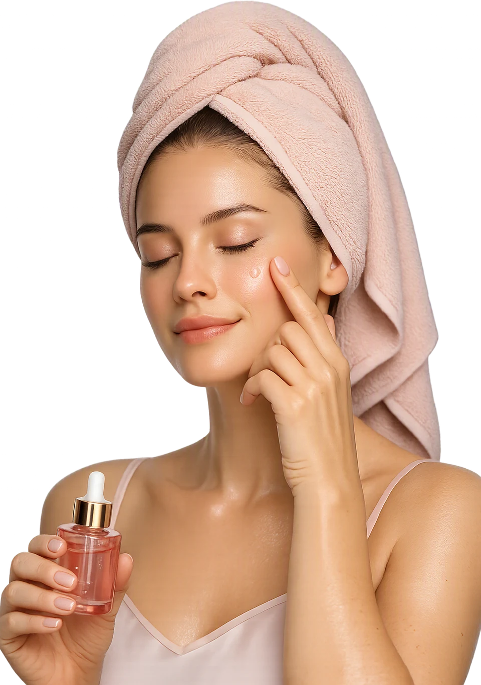 Woman with dewy skin applying a drop of serum from a rose glass dropper
